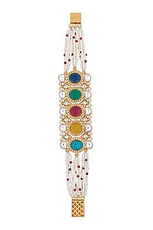 Gold Finish Kundan Polki & Navaratna Stones Handcrafted Bracelet