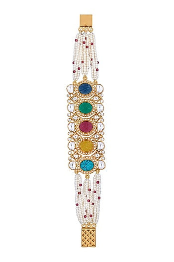 Gold Finish Kundan Polki & Navaratna Stones Handcrafted Bracelet