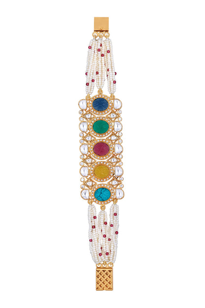 Gold Finish Kundan Polki & Navaratna Stones Handcrafted Bracelet