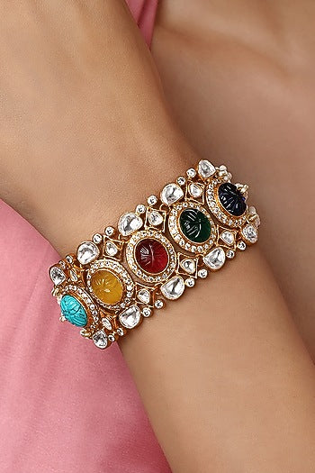 Gold Finish Kundan Polki & Navaratna Stones Handcrafted Bracelet