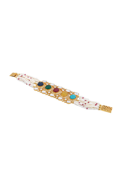 Gold Finish Kundan Polki & Navaratna Stones Handcrafted Bracelet
