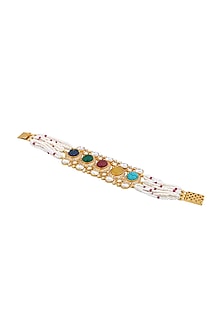 Gold Finish Kundan Polki & Navaratna Stones Handcrafted Bracelet