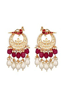 Gold Finish Red Kundan Polki & Agate Stones Handcrafted Chandbali Earrings