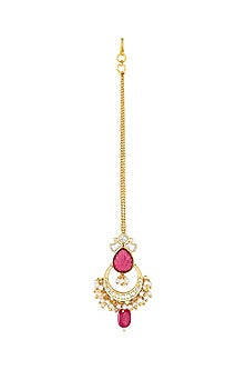 Gold Finish Kundan Polki & Red Agate Stones Handcrafted Maang Tikka
