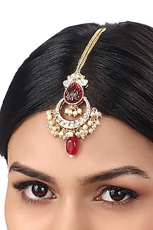 Gold Finish Kundan Polki & Red Agate Stones Handcrafted Maang Tikka