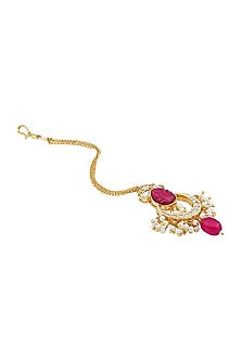 Gold Finish Kundan Polki & Red Agate Stones Handcrafted Maang Tikka