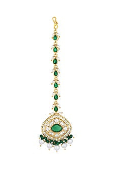 Gold Finish Kundan Polki & Green Agate Stones Handcrafted Maang Tikka