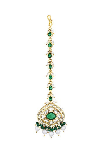 Gold Finish Kundan Polki & Green Agate Stones Handcrafted Maang Tikka