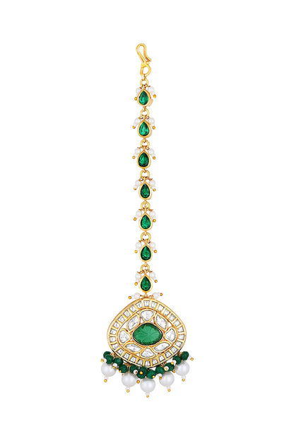 Gold Finish Kundan Polki & Green Agate Stones Handcrafted Maang Tikka