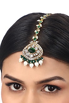 Gold Finish Kundan Polki & Green Agate Stones Handcrafted Maang Tikka