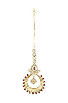 Gold Finish Kundan Polki & Red Agate Stones Handcrafted Maang Tikka