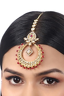 Gold Finish Kundan Polki & Red Agate Stones Handcrafted Maang Tikka