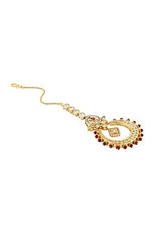 Gold Finish Kundan Polki & Red Agate Stones Handcrafted Maang Tikka