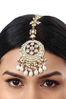Gold Finish Kundan Polki & Agate Stones Handcrafted Maang Tikka