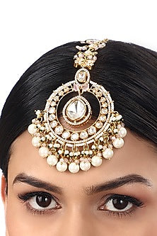Gold Finish Kundan Polki & Agate Stones Handcrafted Maang Tikka