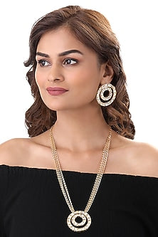 Gold Finish Kundan Polki Handcrafted Long Necklace Set