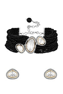 Two-Tone Finish Black Kundan Polki & Onyx Tumble Choker Necklace Set