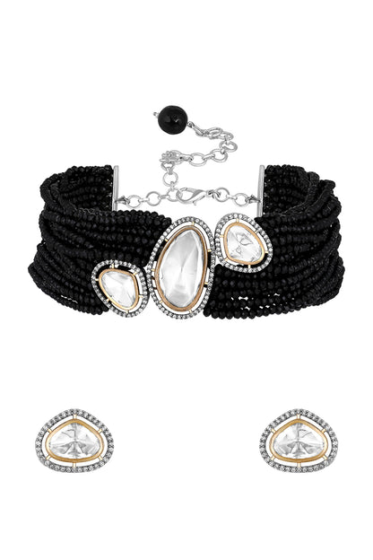 Two-Tone Finish Black Kundan Polki & Onyx Tumble Choker Necklace Set