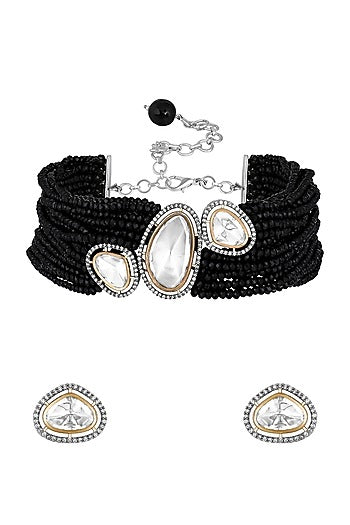 Two-Tone Finish Black Kundan Polki & Onyx Tumble Choker Necklace Set