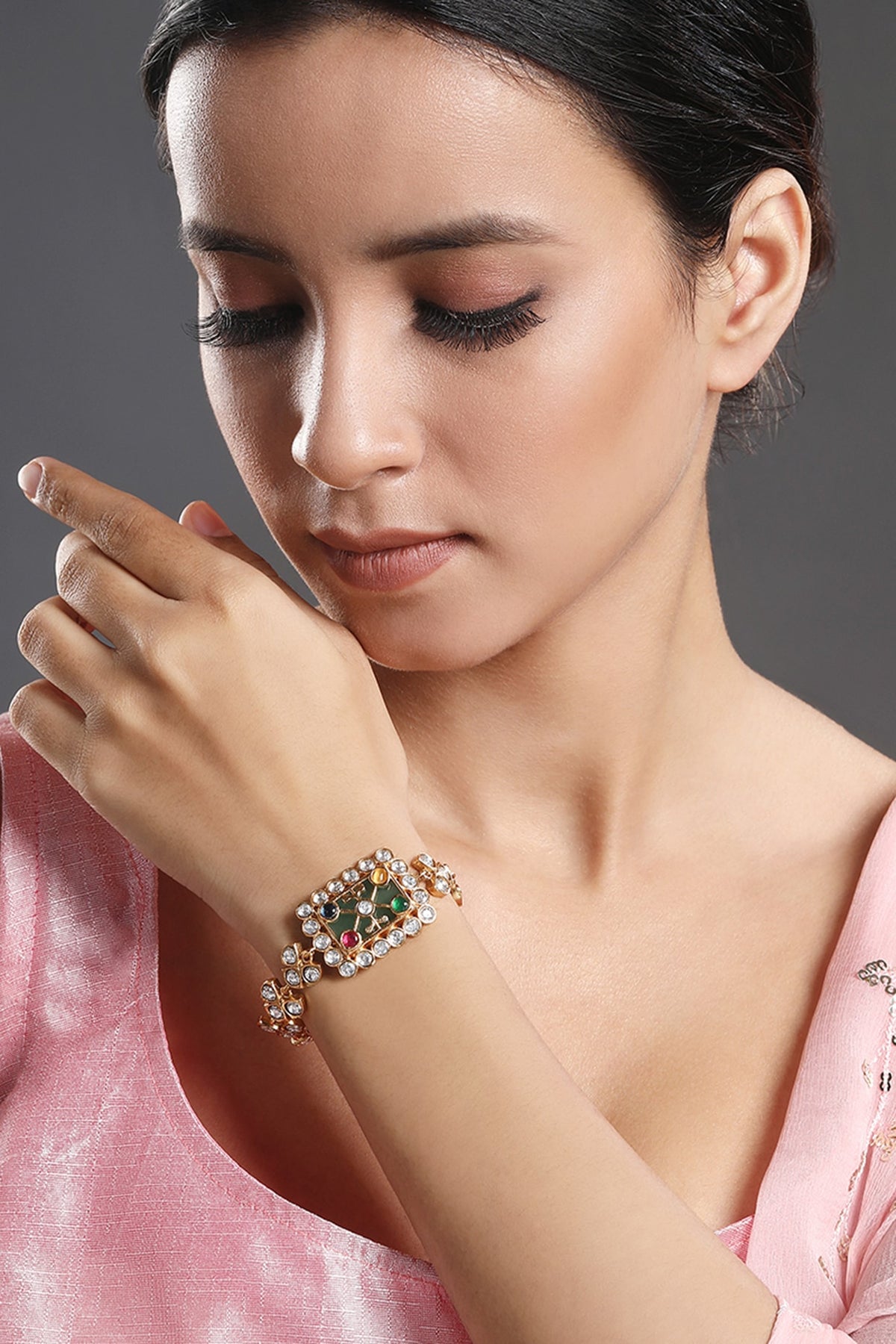 Gold Finish Kundan Polki & Navratna Stone Handcrafted Bracelet