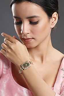 Gold Finish Kundan Polki & Navratna Stone Handcrafted Bracelet