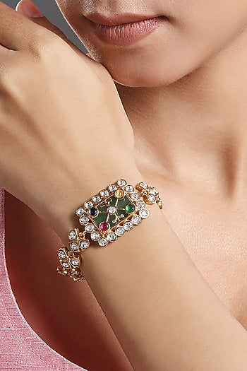 Gold Finish Kundan Polki & Navratna Stone Handcrafted Bracelet