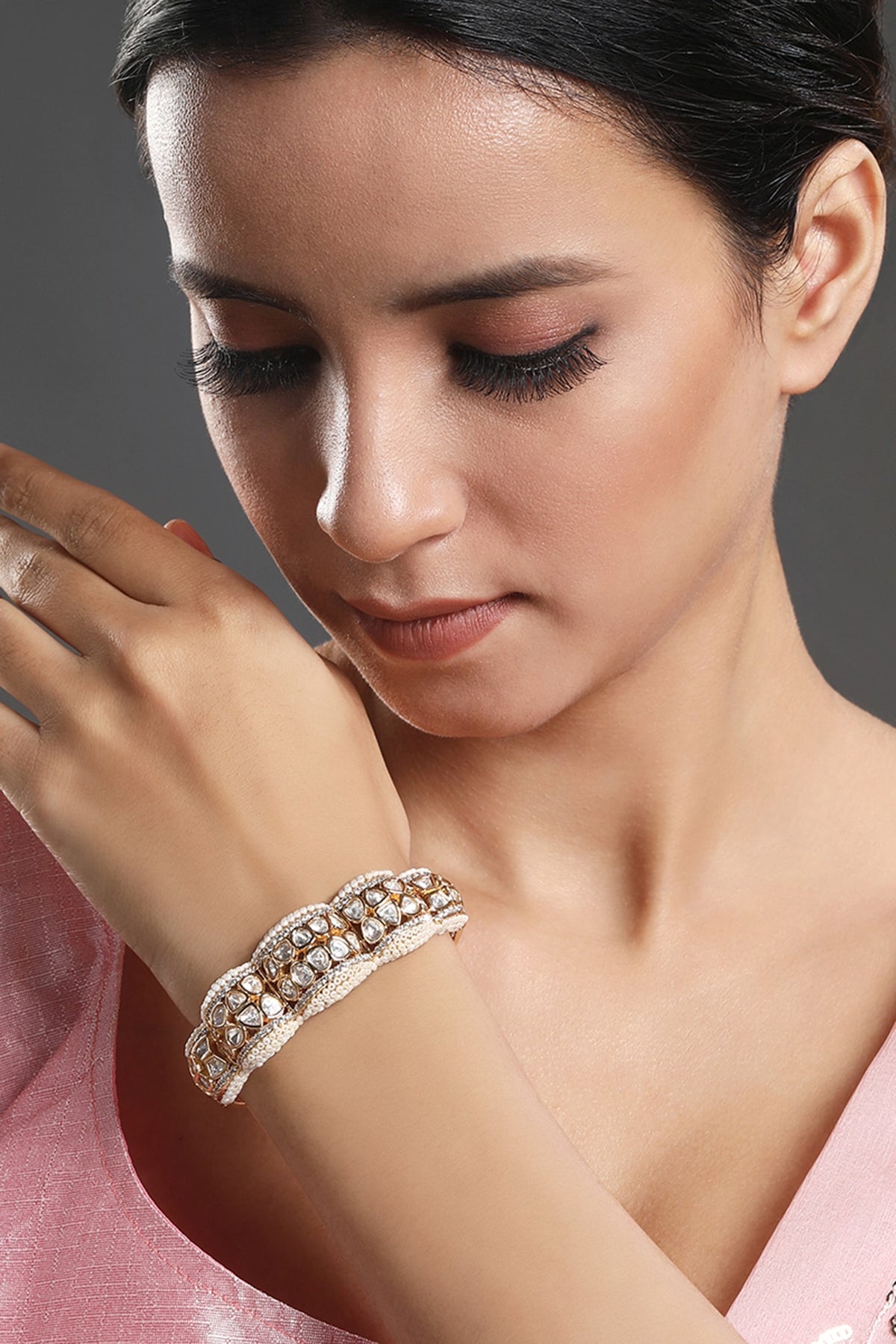 Gold Finish Kundan Polki Handcrafted Bracelet