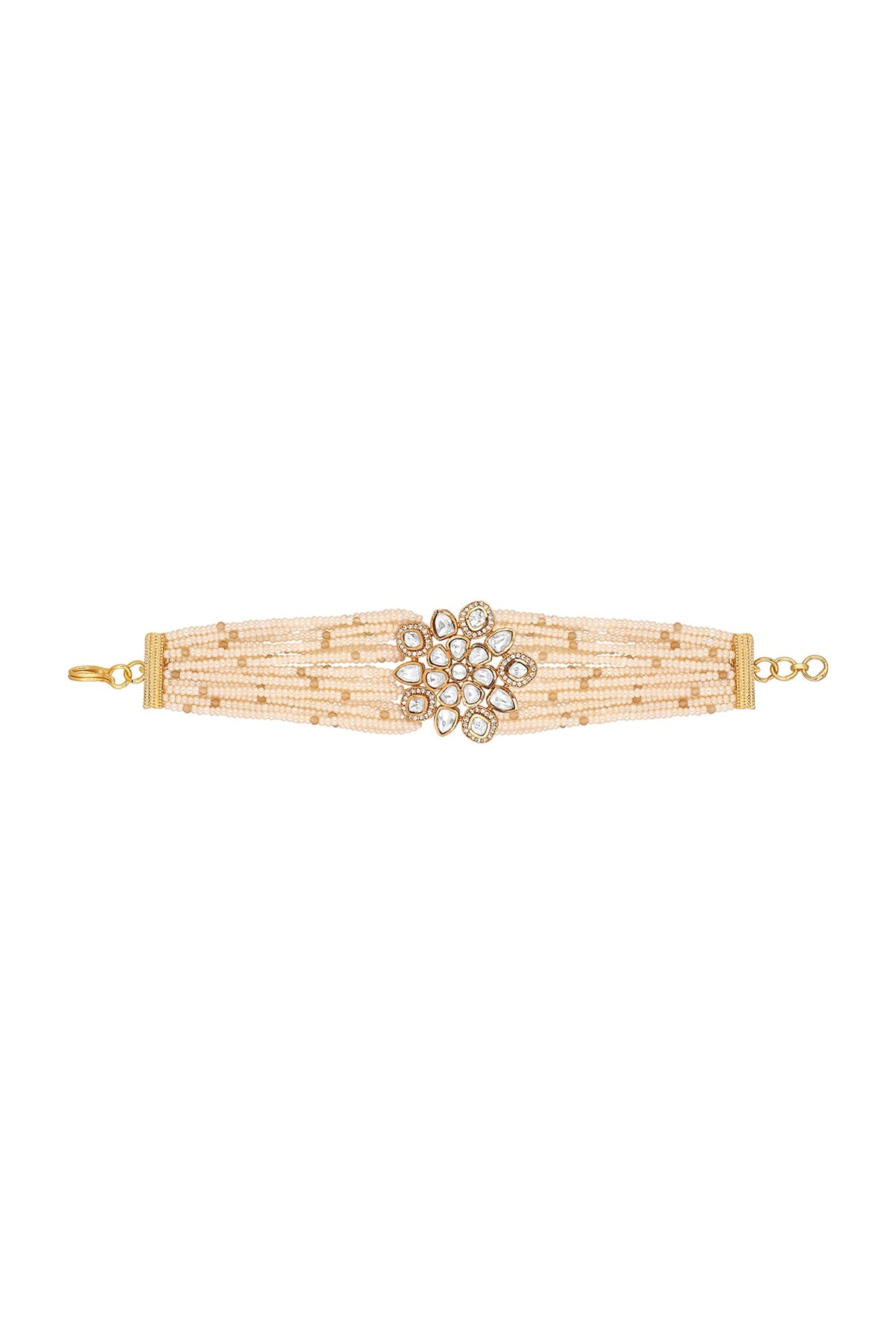 Gold Finish Cream Kundan Polki Handcrafted Bracelet
