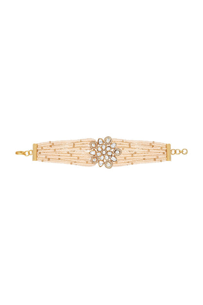 Gold Finish Cream Kundan Polki Handcrafted Bracelet