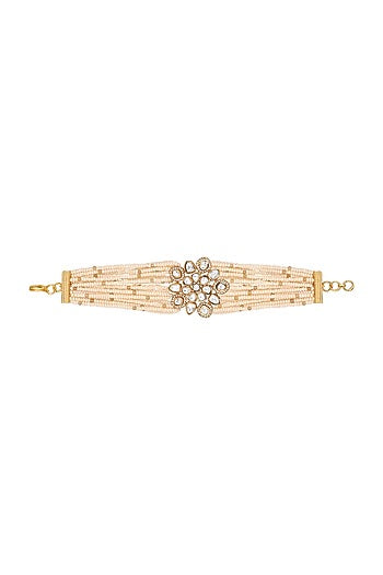 Gold Finish Cream Kundan Polki Handcrafted Bracelet