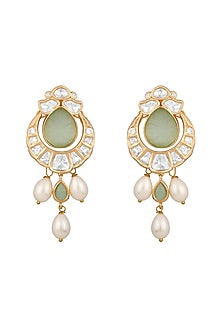 Gold Finish Kundan Polki & Green Onyx Handcrafted Chandbali Earrings