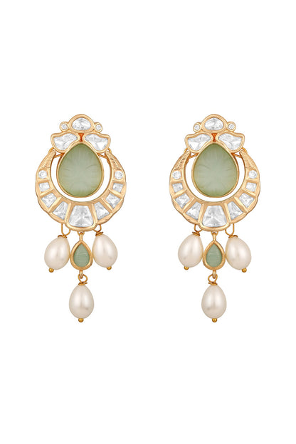Gold Finish Kundan Polki & Green Onyx Handcrafted Chandbali Earrings