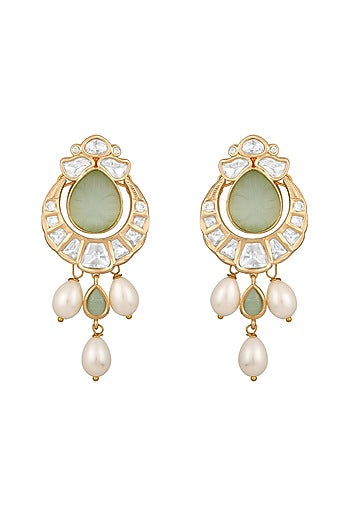 Gold Finish Kundan Polki & Green Onyx Handcrafted Chandbali Earrings