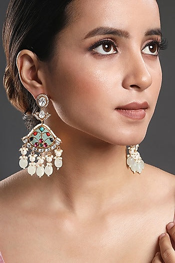 Gold Finish Kundan Polki & Onyx Handcrafted Dangler Earrings