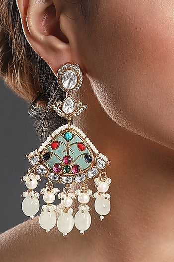Gold Finish Kundan Polki & Onyx Handcrafted Dangler Earrings