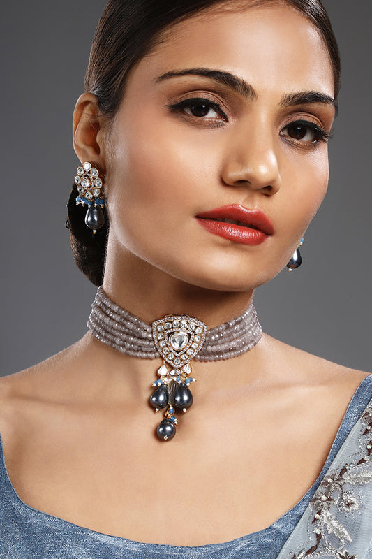 Gold Finish Kundan Polki & Agate Stone Handcrafted Choker Necklace Set