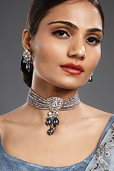 Gold Finish Kundan Polki & Agate Stone Handcrafted Choker Necklace Set