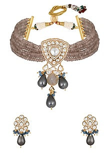 Gold Finish Kundan Polki & Agate Stone Handcrafted Choker Necklace Set