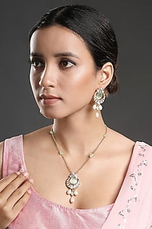 Gold Finish Kundan Polki & Green Onyx Handcrafted Long Necklace Set