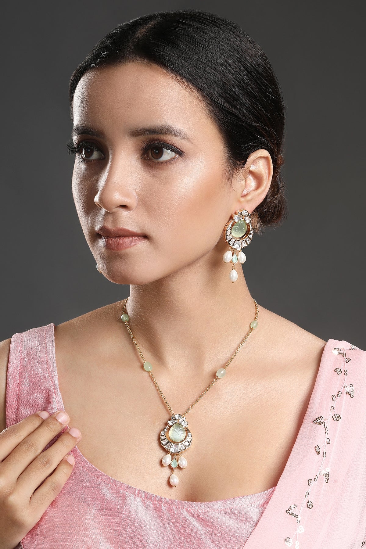 Gold Finish Kundan Polki & Green Onyx Handcrafted Long Necklace Set