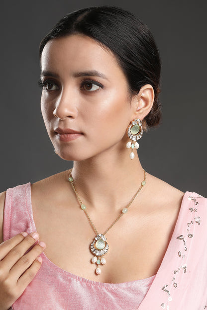 Gold Finish Kundan Polki & Green Onyx Handcrafted Long Necklace Set