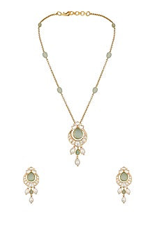 Gold Finish Kundan Polki & Green Onyx Handcrafted Long Necklace Set