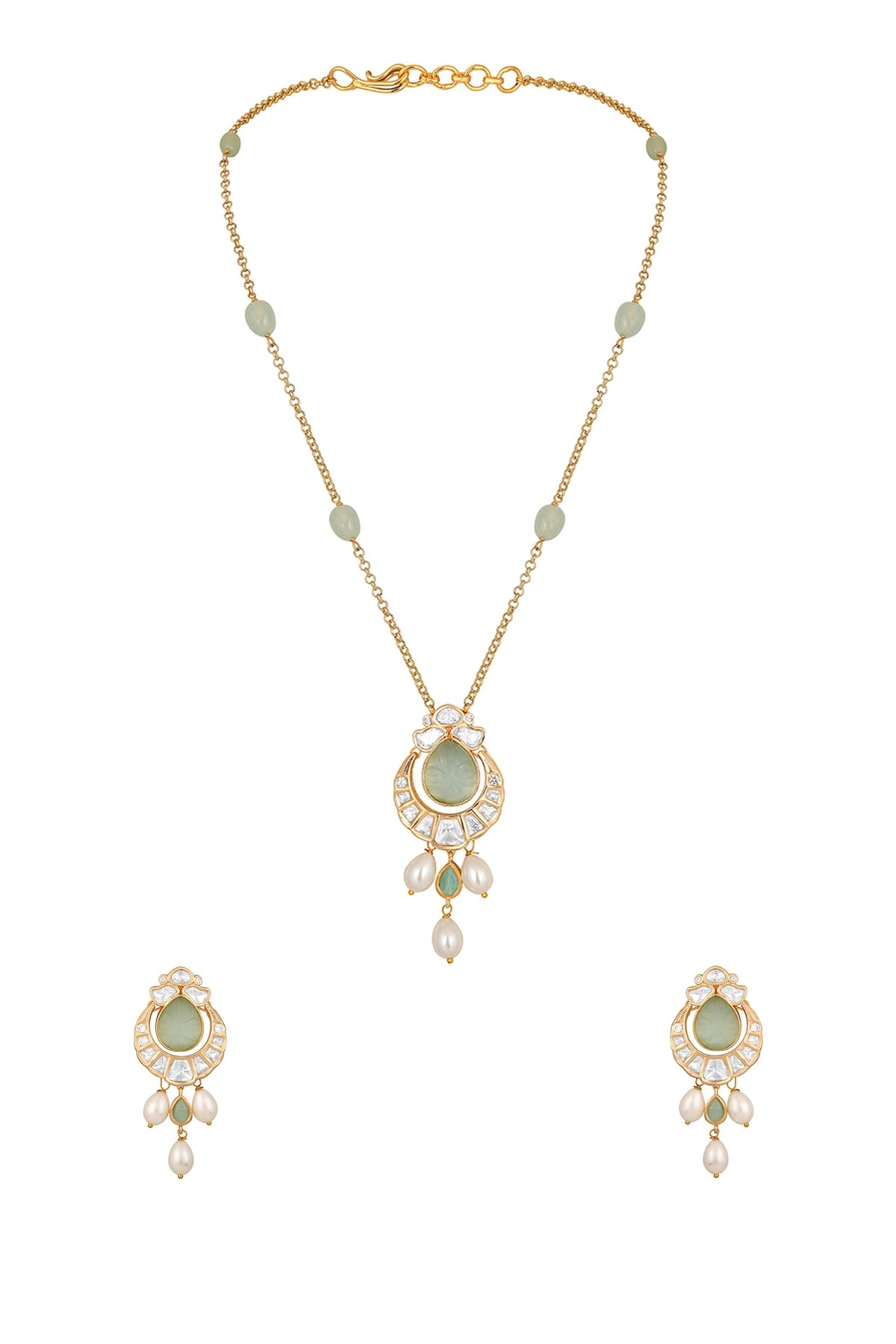 Gold Finish Kundan Polki & Green Onyx Handcrafted Long Necklace Set