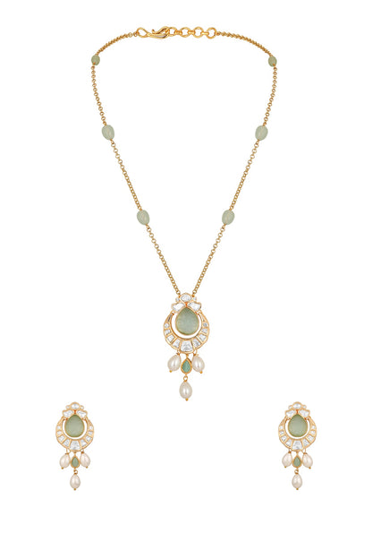 Gold Finish Kundan Polki & Green Onyx Handcrafted Long Necklace Set