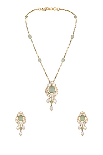 Gold Finish Kundan Polki & Green Onyx Handcrafted Long Necklace Set
