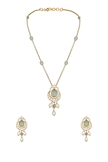 Gold Finish Kundan Polki & Green Onyx Handcrafted Long Necklace Set