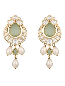 Gold Finish Kundan Polki & Green Onyx Handcrafted Long Necklace Set