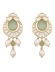 Gold Finish Kundan Polki & Green Onyx Handcrafted Long Necklace Set