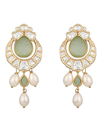 Gold Finish Kundan Polki & Green Onyx Handcrafted Long Necklace Set