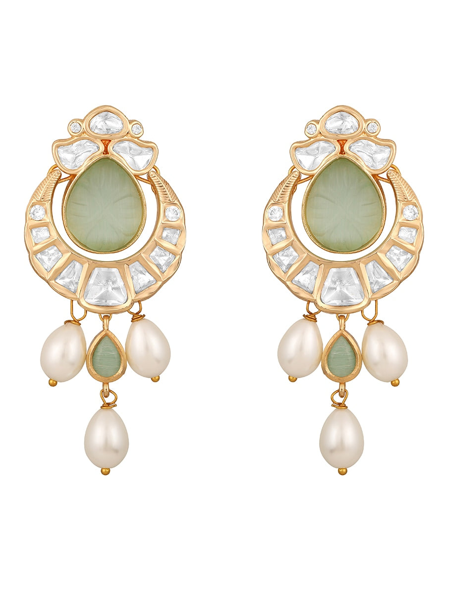 Gold Finish Kundan Polki & Green Onyx Handcrafted Long Necklace Set